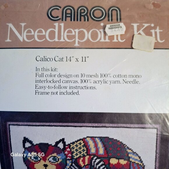 Caron Needlepoint Kit Calico Cat 14" X 11" 100% Cotton Canvas & Acrylic Yarn Com - Picture 3 of 4
